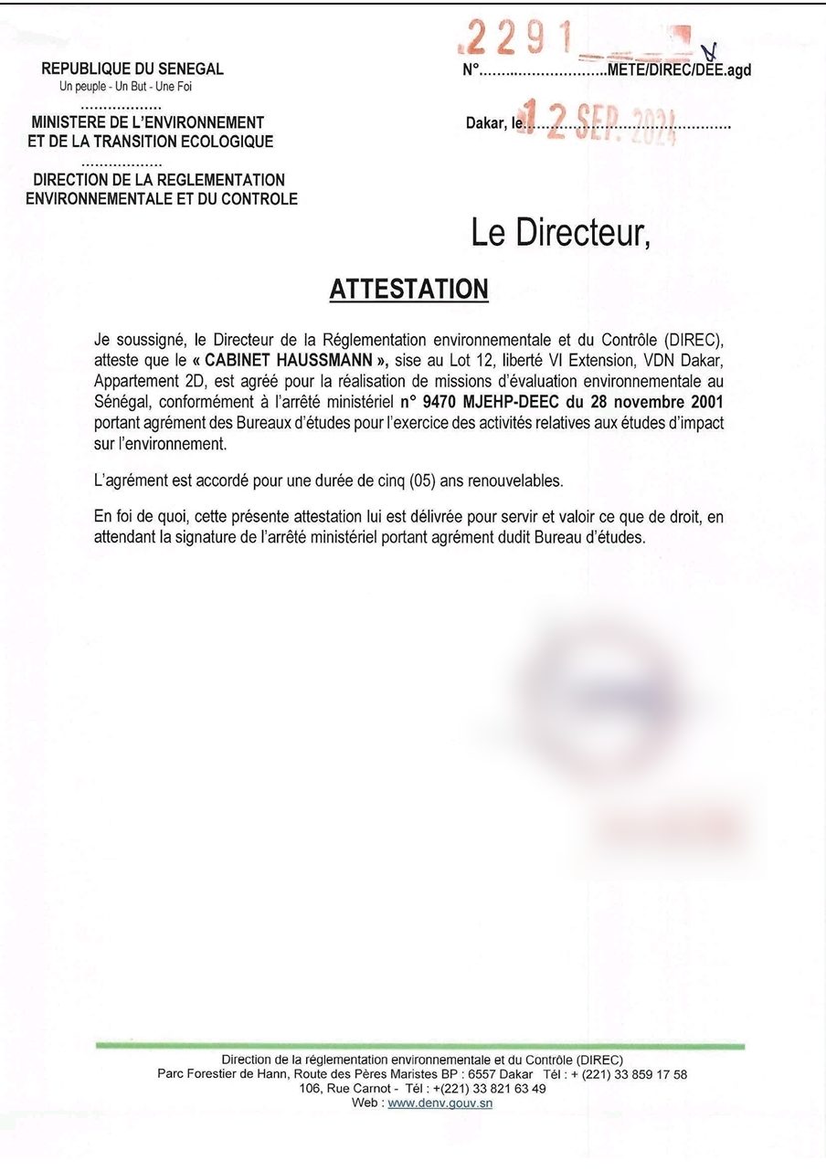 Attestation d’agrément N° 2291/METE/DIREC/DEE.agd du 12 septembre 2024